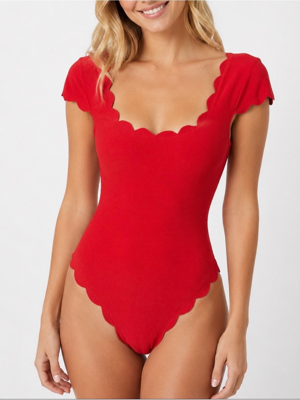 MARYSIA Red Scalloped 1-Piece Swimsuit / Bodysuit Cap Sleeves Textured Size L